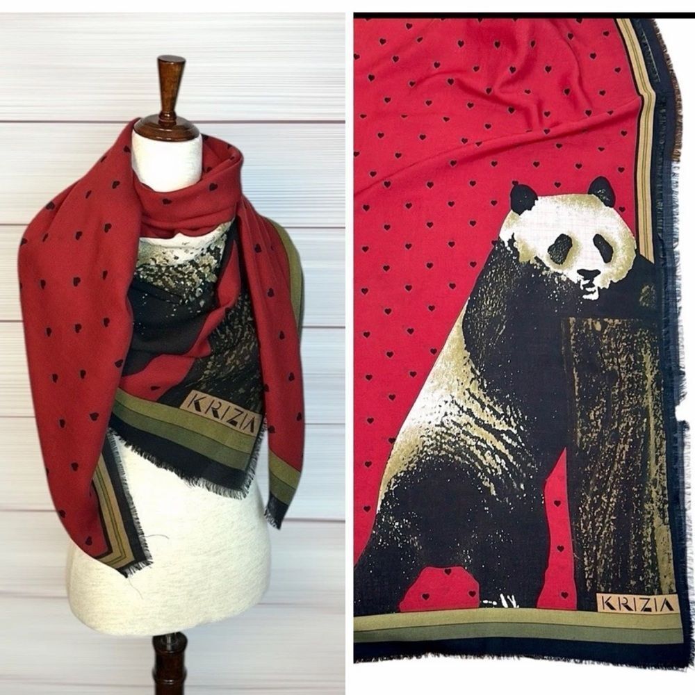 KRIZIA Italy Large Scarf Shawl Wool Silk Blend Red with Panda Print 52x52”